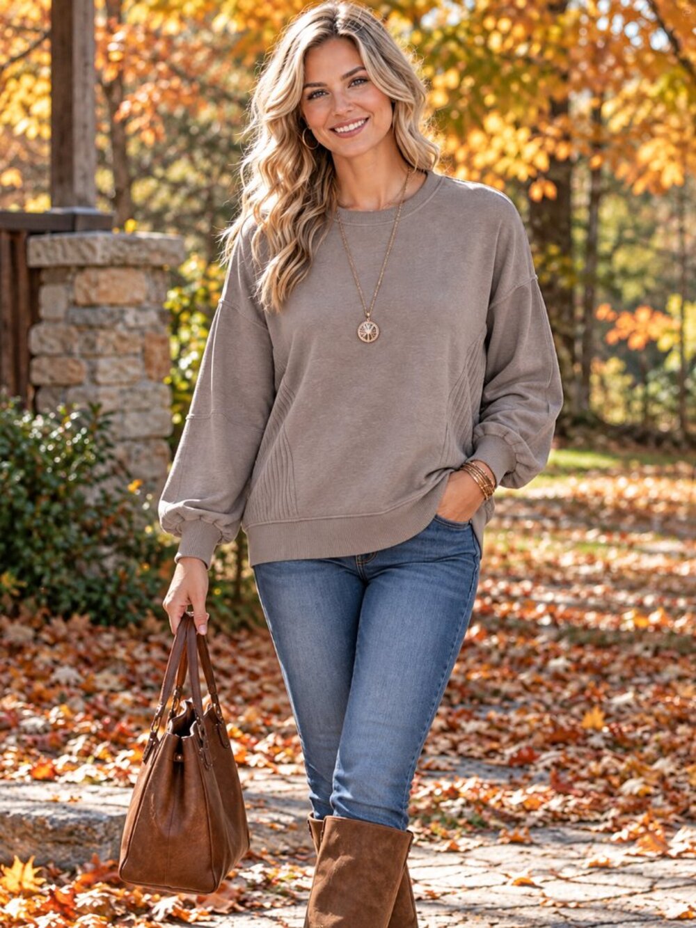 AERIE Sweatshirt w/Balloon Sleeves & Ribbed Sides Oversized Grayish Tan M